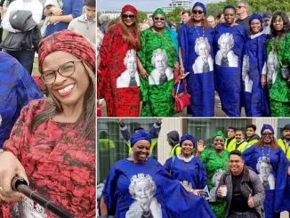 Nigerian Ladies Storm Queen Elizabeth's Burial In The UK Dressed In Their Asoebi Clothes (Photos)